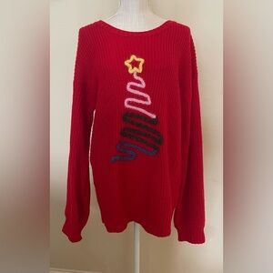 EUC Red Christmas Tree Lurex Embroidery Sweater. Size Medium.🎄